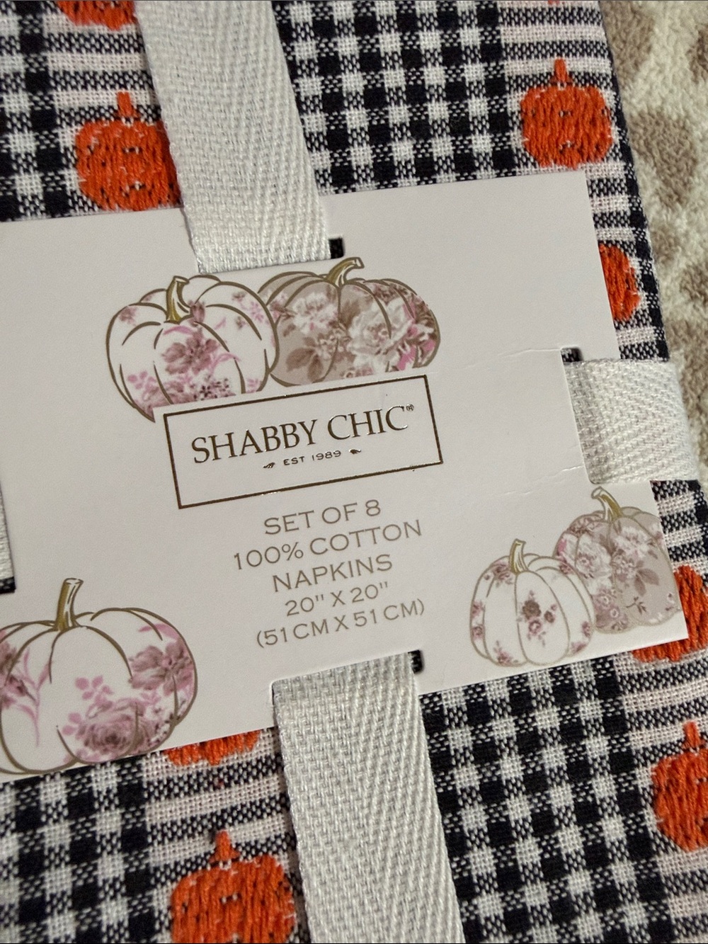 Shabby Chic Black and White Gingham Napkins with Orange Pumpkin Motif - Picture 2 of 5